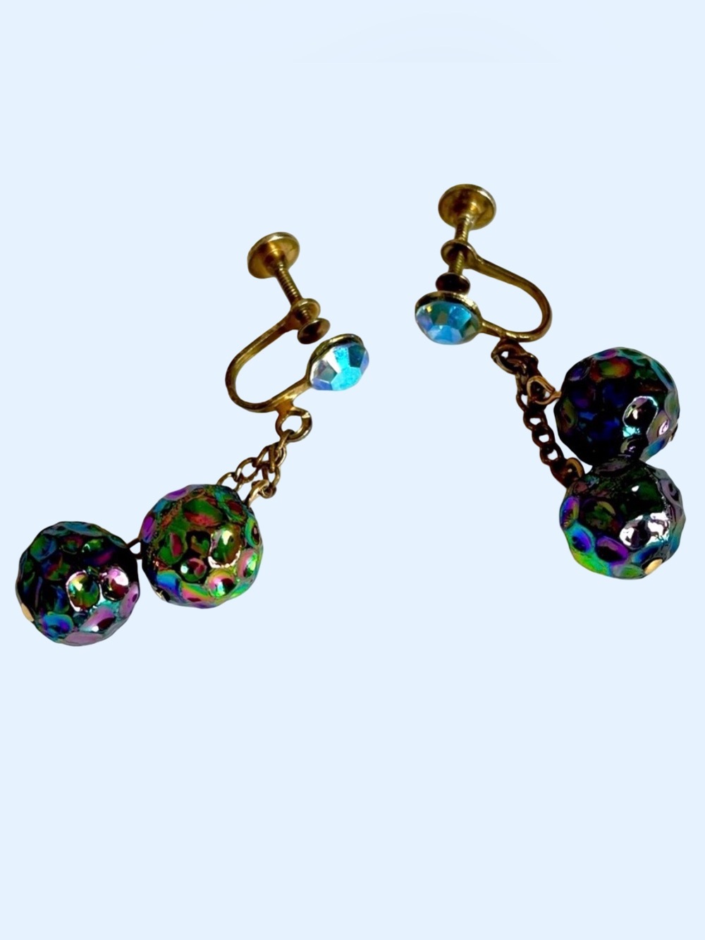 Vintage Blue Rhinestone And AB Bead Drops Dangle Screwback Earrings